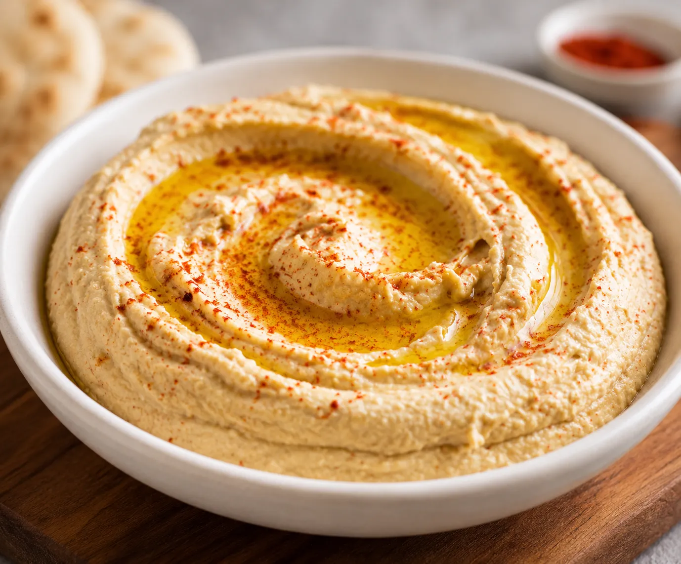 Hummus served with warm pita bread at The Syrian House, delivered near Dover, Calgary